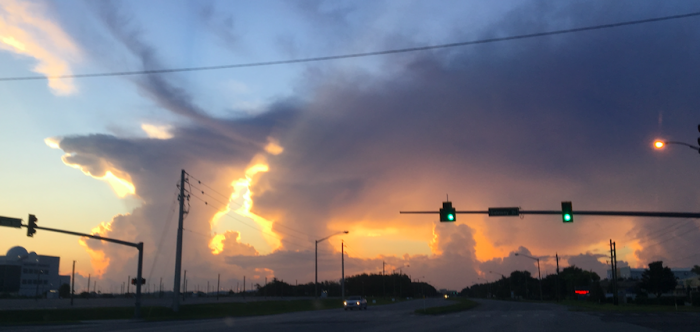 Offshore storms at sunrise near Port Canaveral: southeast winds influenced by the Bermuda High create many scattered storms over the Atlantic waters. Photo: Kim Keller