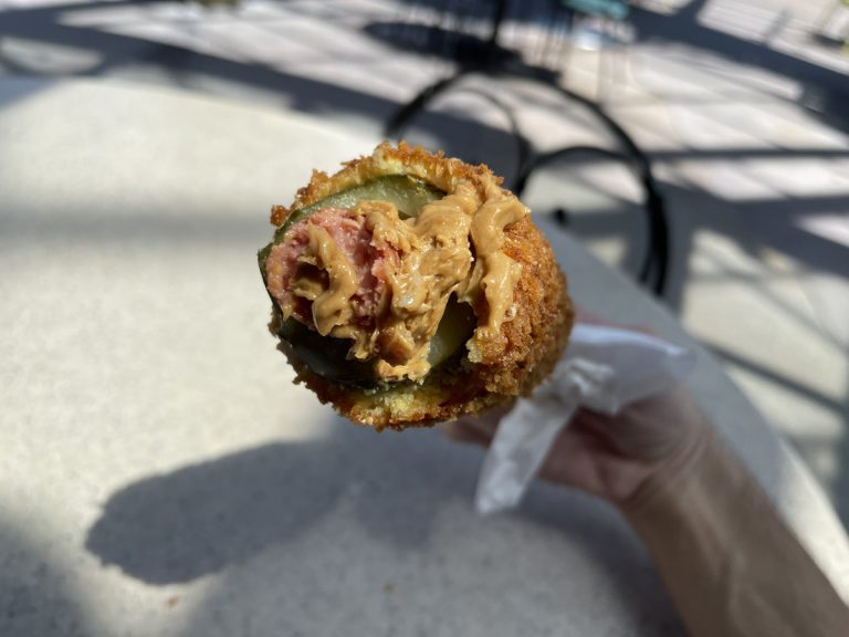 REVIEW Disneyland Resort’s Pickle Corn Dog With Peanut Butter