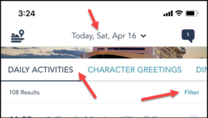 How to see activities for a different date in DCL Navigator app