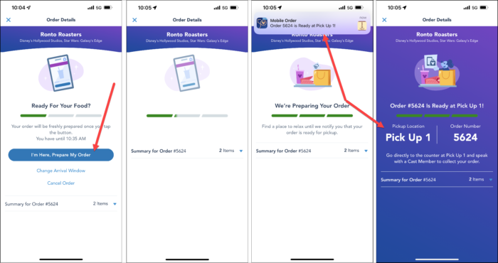 screens showing how to pick up your mobile order at Disney World