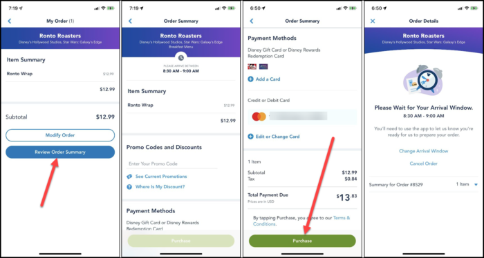 screens showing mobile order checkout process