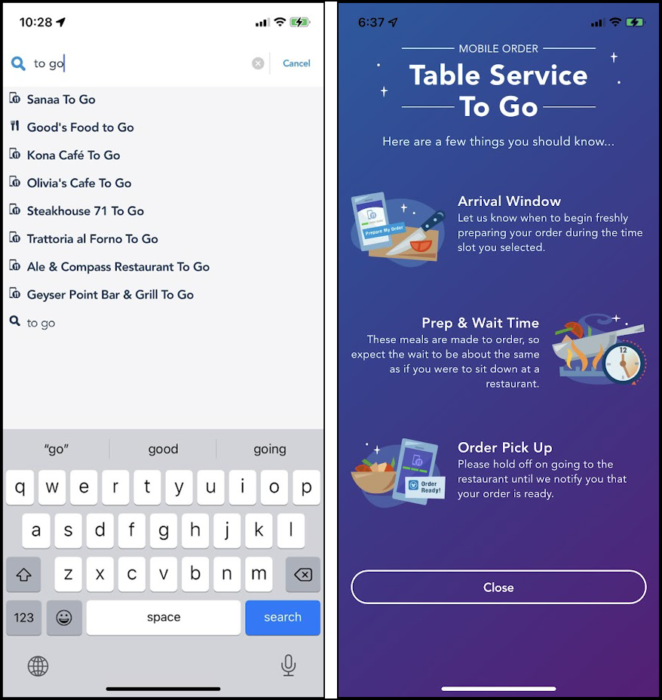 screens showing a search for table service mobile order locations