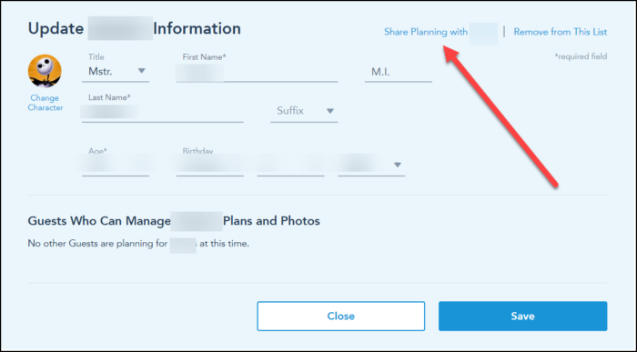 Screen showing the location of the share planning option