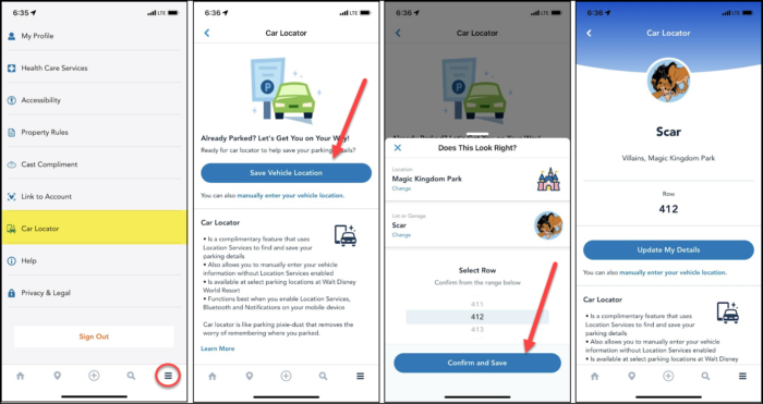 Screenshots of the process for using the Car Locator feature in My Disney Experience app