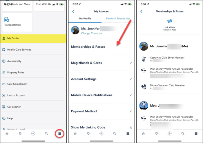 Screenshots showing how to access the Memberships & Passes listing in My Disney Experience app
