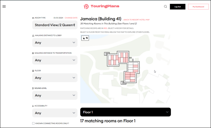 Individual rooms that match the criteria display in pink