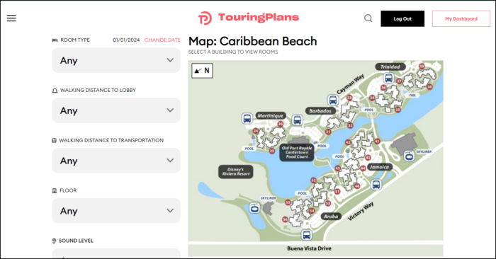 A map of the resort, with filters on the left-hand side.