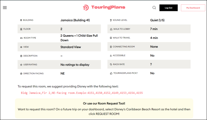 A table with information such as the distance to lobby, room type, sound level etc.