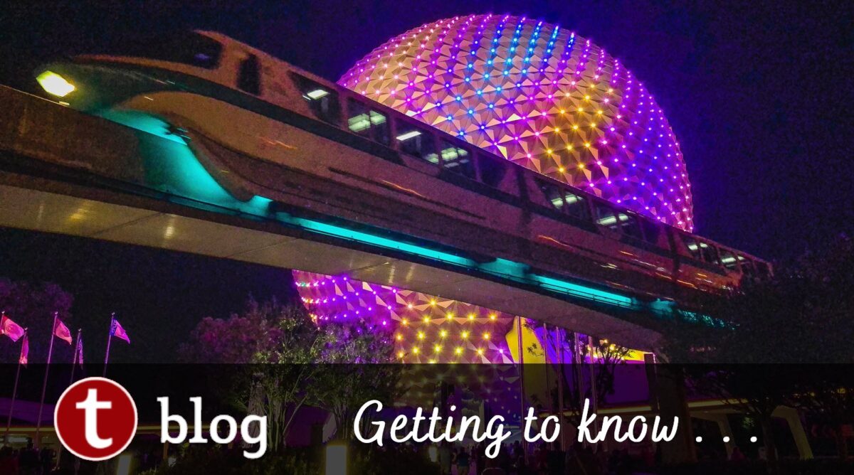 Getting to know Spaceship Earth cover image showing the monorail passing in front of Spaceship Earth with Beacons of Magic lighting in purple, pink, and yellow