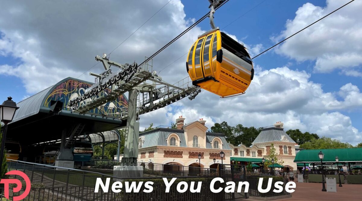 Disney World operational updates article cover showing a Skyliner gondola arriving at the International Gateway