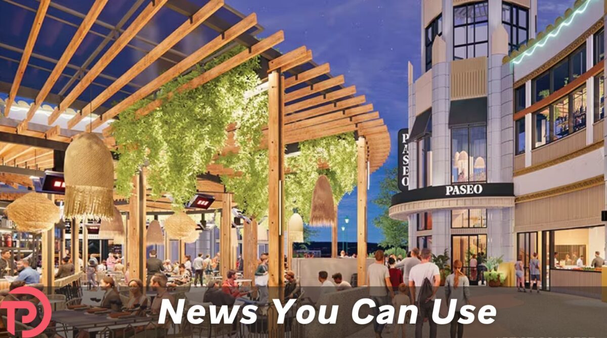 Downtown Disney Dining updates article cover image showing the artist concept for Paseo; a large central dining spot on the left with a walkway and buildings wending around to the right and the entrance to Paseo visible at the end of the right-hand curve of buildings.