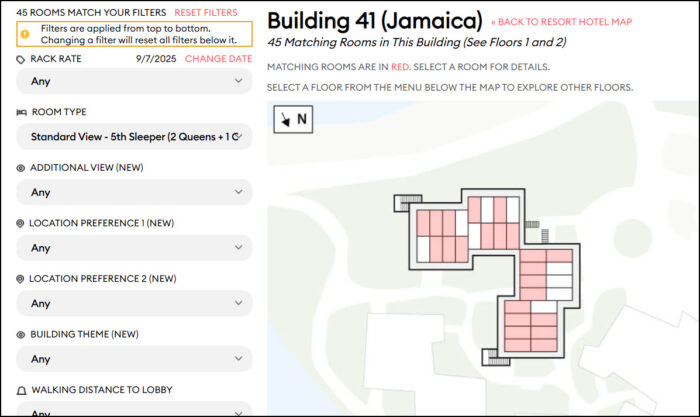 Individual rooms that match the criteria display in pink