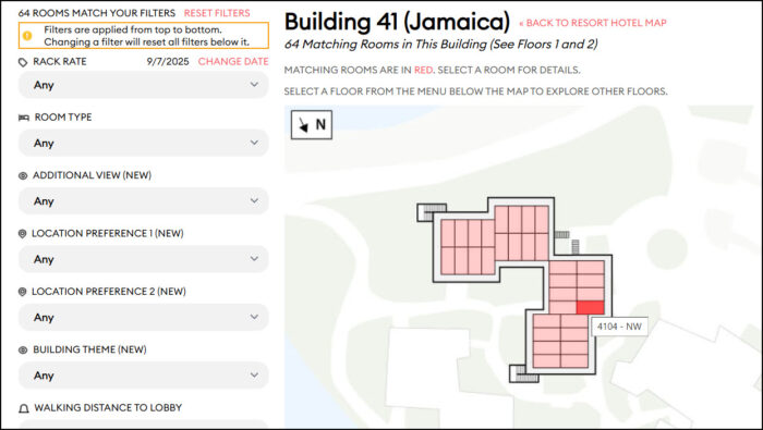 A map of the building is displayed; a single room is highlighted in red and the room number and direction are displayed.
