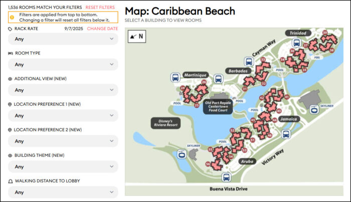 A map of the resort, with filters on the left-hand side.