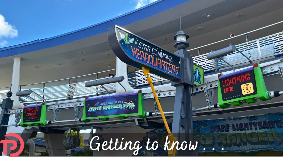 Getting to Know Buzz Lightyear's Space Ranger Spin getting to know cover showing the ride's Star Command Headquarters sign with the Peoplemover track in the background.