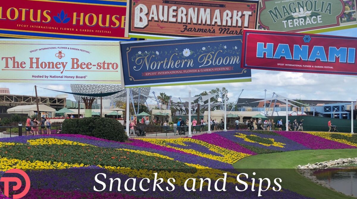 Flower & Garden Festival Menus cover image showing a collage of booth art against a landscaped garden bed with guests at Festival booths in the background