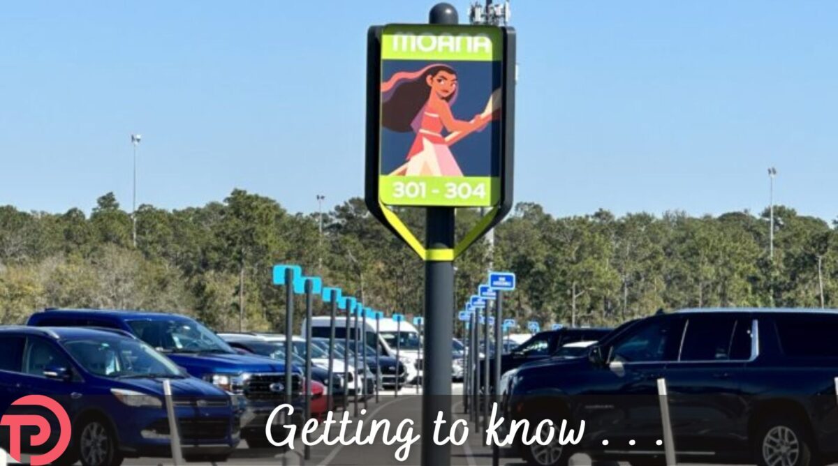 Accessible Parking cover image showing parked cars and the sign for the Moana lot, which is used for medical parking at EPCOT