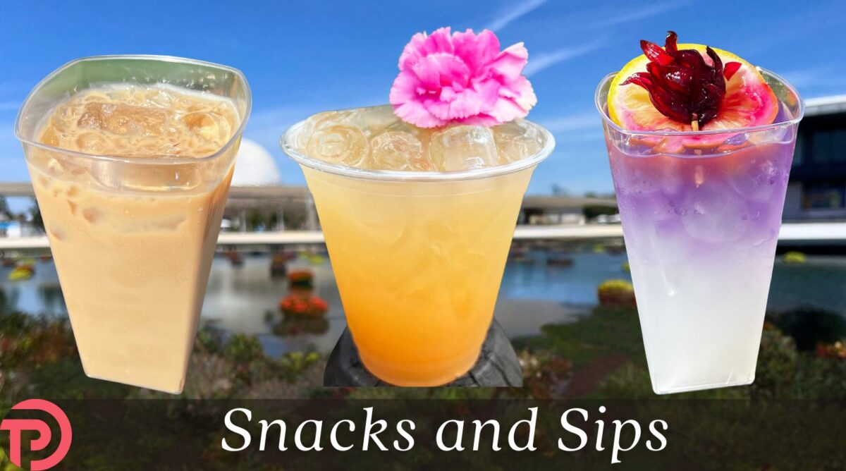 Flower & Garden 2024 drinks cover image showing three cocktails framed against a wide shot of Spaceship Earth and the lagoon.