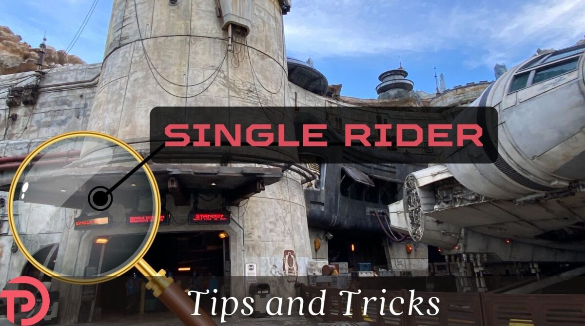 A magnifying glass highlights the Single Rider sign on the front of the Millennium Falcon: Smuggler's Run entrance