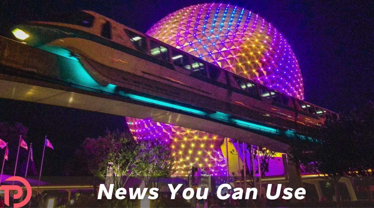 Discount Disney World ticket offer cover image showing the monorail passing in front of Spaceship Earth at night.