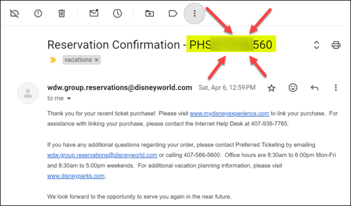 Email from Disney World with ticket purchase confirmation number