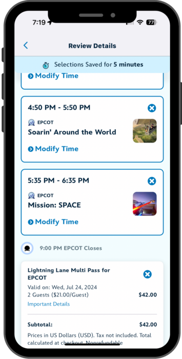Screencap of phone showing 4:50 to 5:50 pm return time for Soarin'