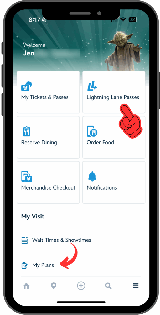 A pointer highlights the Lightning Lane Passes tile on the My Disney Experience tile screen