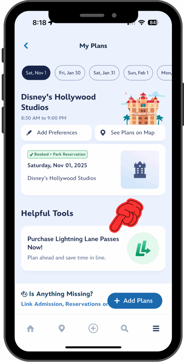 A pointer highlights the banner for Lightning Lane Passes on the My Plans screen