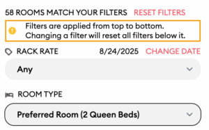 A user interface shows some of the drop-down menu options used for filtering hotel room views. At the top of the image is a line of text that says “58 rooms match your filters” - a new feature for this release.