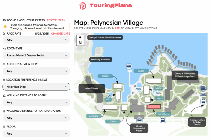 Map of Disney's Polynesian Village showing the super-close location of Rarotonga to the Poly's bus stop.