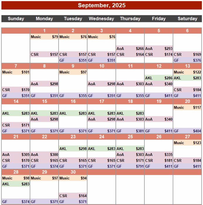 Priceline Calendar of Deals for September 2025