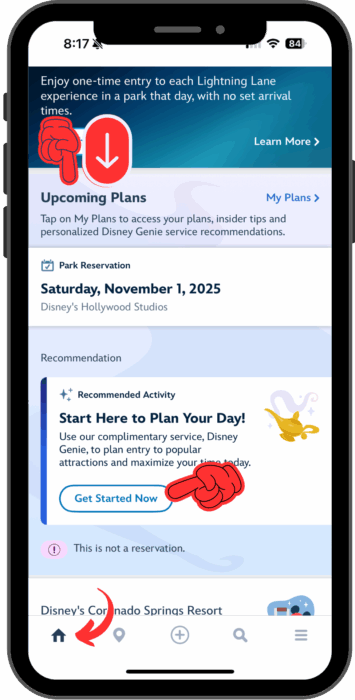 Icons on the home screen graphic show that you should scroll down to the card that reads "Start Here to Plan Your Day"