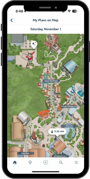 On the park map, icons indicate attractions that are in your plans