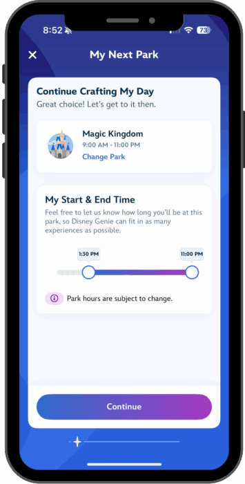 A screen shows the option to specify the time you'll head to the second park.