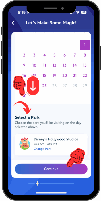 A calendar with a "Select a Park" section below; Hollywood Studios is selected.