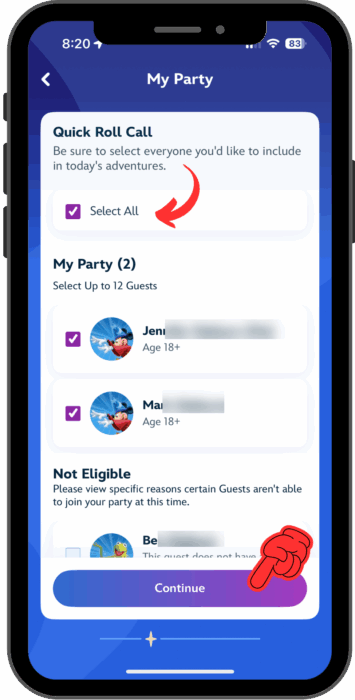 A checklist of guests from your family and friends, with a highlighted "Select all" option