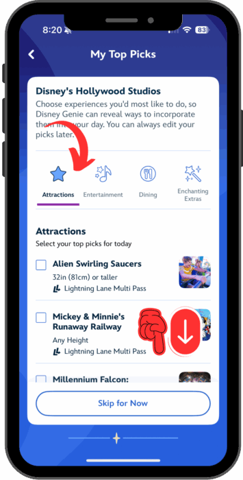 A list of attractions displays, with a horizontal menu at the top showing options for Attractions, Dining, and more