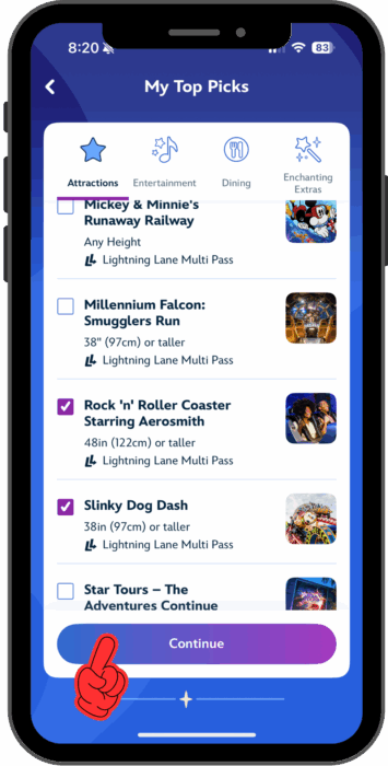 On the attractions list, Rock 'n' Roller Coaster and Slinky Dog Dash are selected