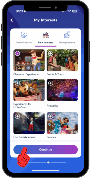 Options on the My Interests screen include character experiences, live entertainment, and more. Character experiences is selected.