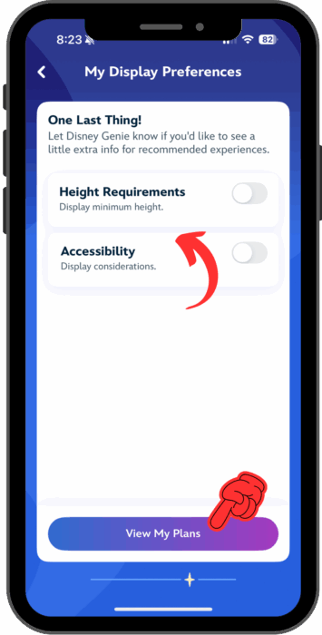 A screen shows toggles for Height Requirements and Accessibility
