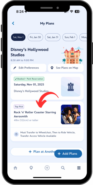 The tile for the Rock 'n' Roller Coaster attraction displays the height limit and accessibility information when the toggles are switched on