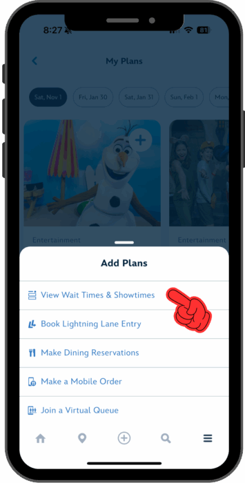 A pop-up modal screen displays several options; a pointer indicates the option to View Wait Times & Showtimes