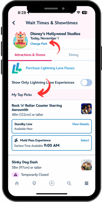 The two attractions selected as Top Picks are at the top of the Wait Times screen