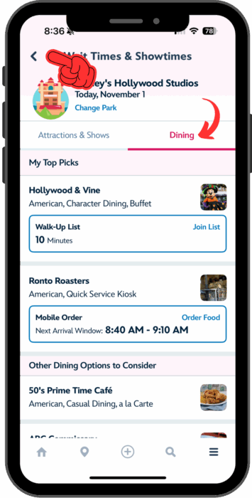 The two restaurants selected as Top Picks are at the top of the Dining area