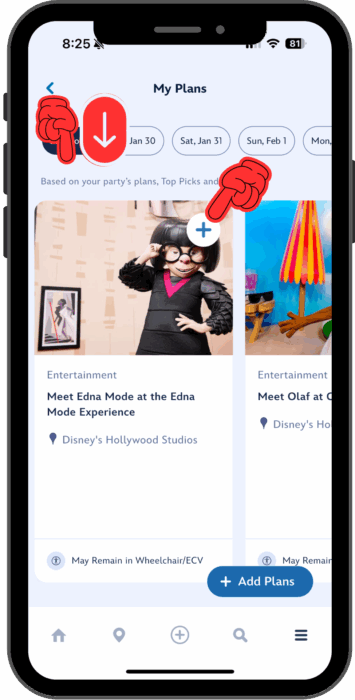 A picture of Edna Mode tops a card with a plus sign to add the Meet Edna Mode experience to your plans