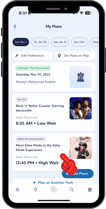 The Edna Mode Experience Card recommends going at 12:45 pm when there will be a high wait
