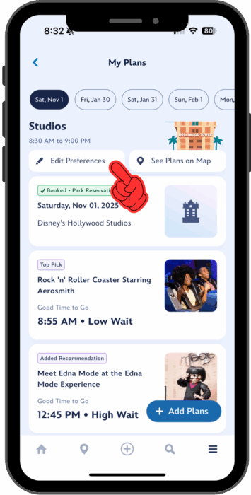 A pointer highlights an Edit Preferences button near the top of the My Plans screen