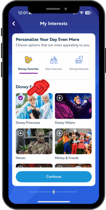 On the My Interests screen, a pointer indicates that Princesses is now selected