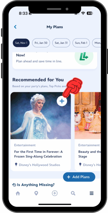 A pointer highlights the plus sign on a new Plans recommendation for the Frozen Sing-Along.
