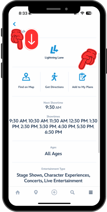 A pointer indicates the Add to My Plans icon on the details screen